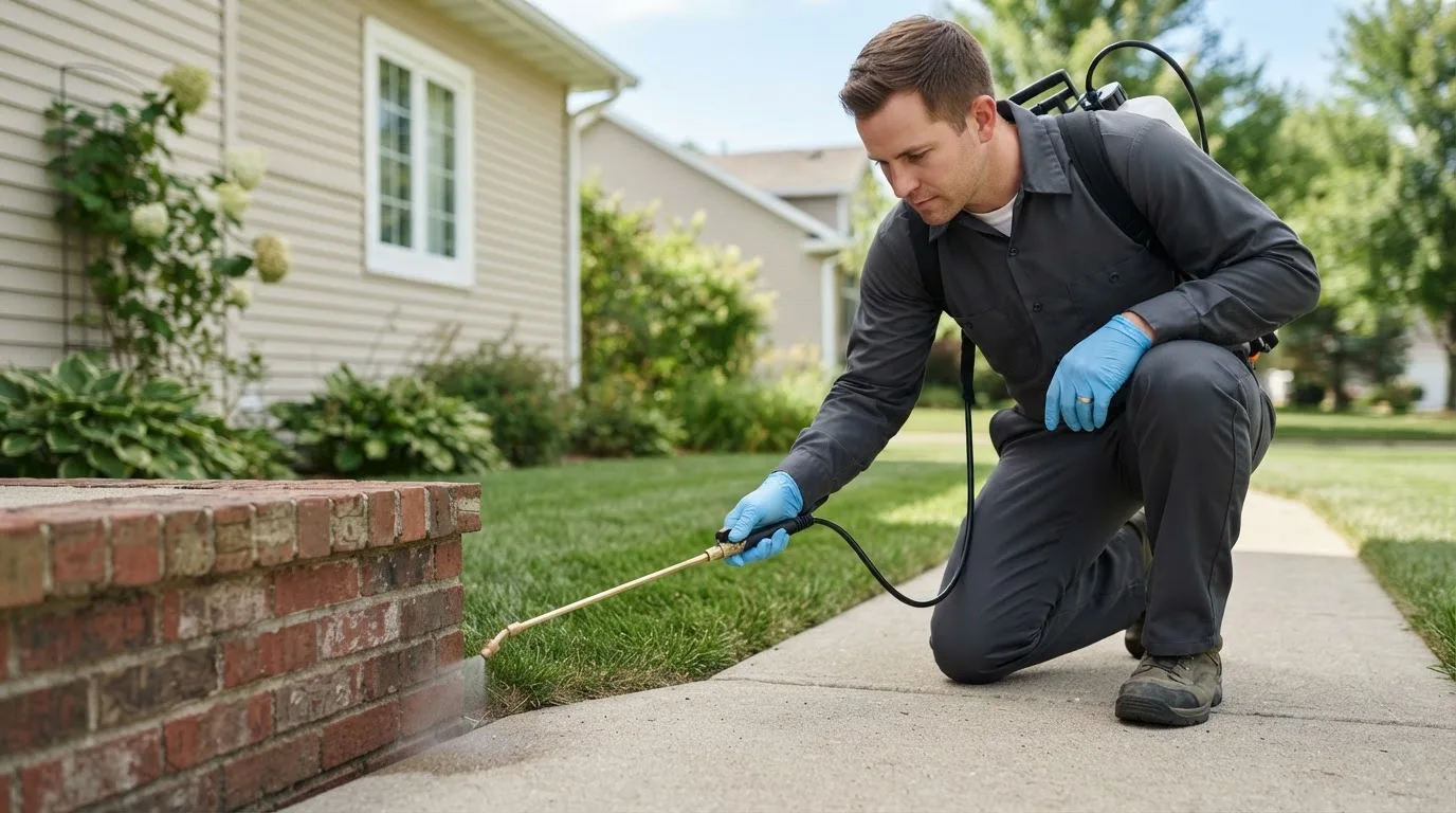 Pest control technician treating a home near Freistatt, MO