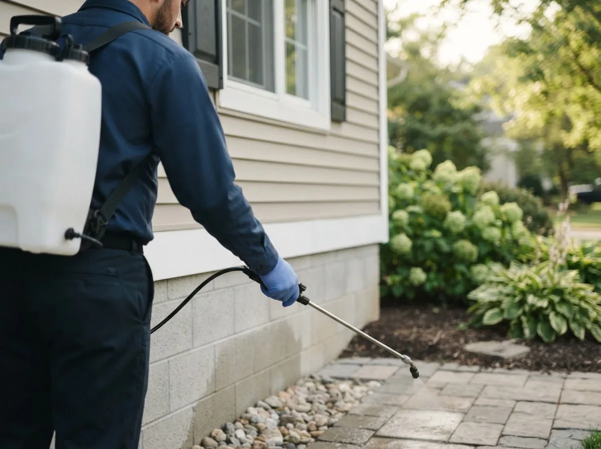 Pest control technician inspecting a home in Freistatt, MO